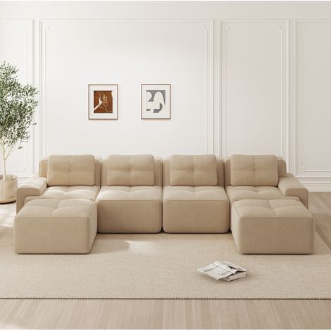 Sofá modular 382x177x69 cm beige en pana de 4 plazas con chaise longue en U, asiento profundo y base antideslizante (1/5)