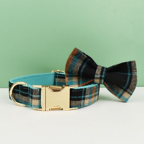 Collier pour chien motif plaid + nœud papillon / Taille S / Tissu ajustable avec boucle D métallique dorée (1/2)