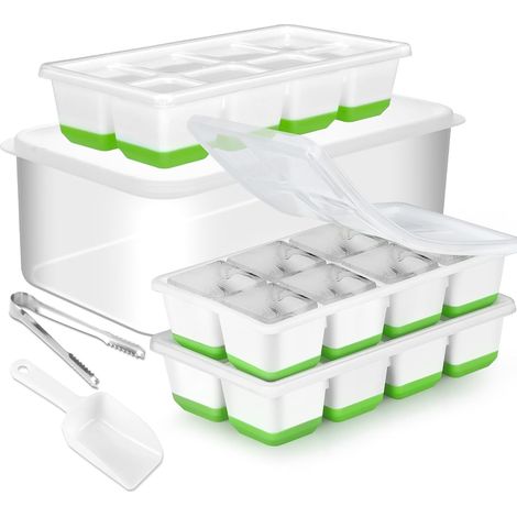 Grand bac à glaçons avec couvercle et bol, grands bacs à glaçons carrés en silicone pour le congélateur, lot de 3 grands bacs à glaçons empilables avec pince à glaçons, pelle à glaçons pour whisky, co (1/5)
