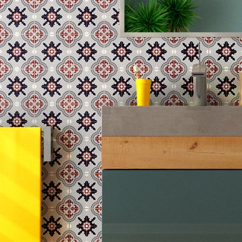Sticker Mural Carrelage adhésif Cuisine Salle de Bain - 30 STICKERS CARREAUX DE CIMENT AZULEJOS BABITA - 30stickers10x10cm (1/5)