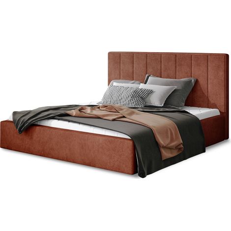 Lit adulte avec sommier Vareza – Tissu matelassé avec sommier-Rouge tomette-180x200-Version avec sommier (1/5)