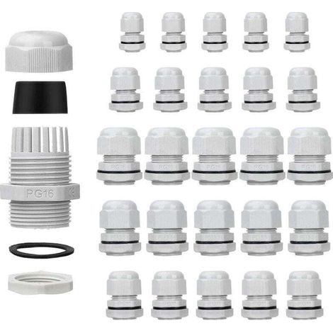 Pack de de 25 presse-étoupes étanches - Réglables - PG7 PG9 PG11 PG13.5 PG16 - , XU,Connecteurs de cable - écrous de remplissage - Joints en plastique avec rondelle - Blanc - LAOA - KZQ (1/4)