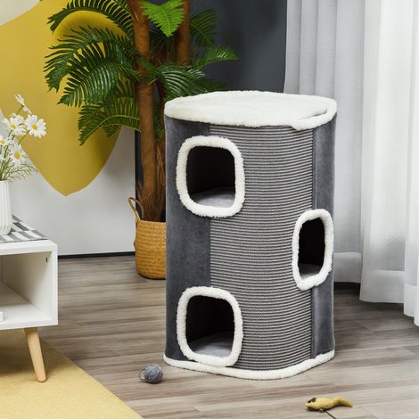 Tonneau à Gratter Chat 3 Niveaux Peluche Sisal, 3 Zones, 2 Grands Trous, 40x40x74 cm, Gris (1/5)