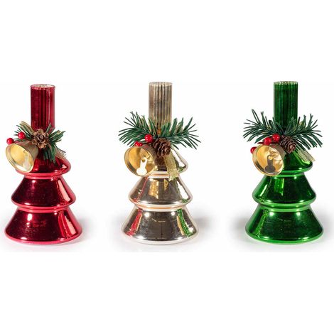 Candelabro di Natale portacandela a forma di albero in vetro con pino e campanella, set da 3 pezzi, Ø 8,5 cm x 16,5 H