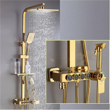 Ensemble de douche mitigeur thermostatique intelli Ensemble de douche numérique chaud et froid robinet système de douche de salle de bains robinet de douche en or noir pommeau de douche carré système (1/5)
