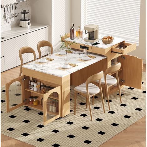 Isola cucina mobile con tavolo estensibile, contenitore e prese integrate naturale OKMYHOME (1/5)