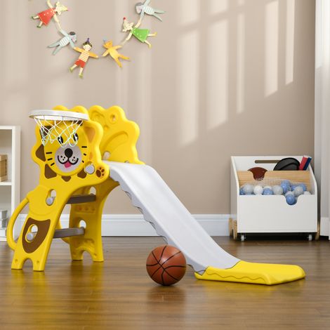 Toboggan Enfants 18 36 Mois Échelles Panier Basket Motif Lion Article Enfant Jaune Gris 131x50x74cm