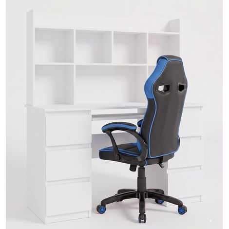 Set: scrivania con ripiano sopraelevato e sedia gaming con meccanismo TILT, Bianco opaco / Blu-Nero, 130 x 51 x 146 cm (1/5)