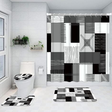 Shower curtain set, including a non-slip floor mat, a bath mat and a shower curtain, black (1/5)