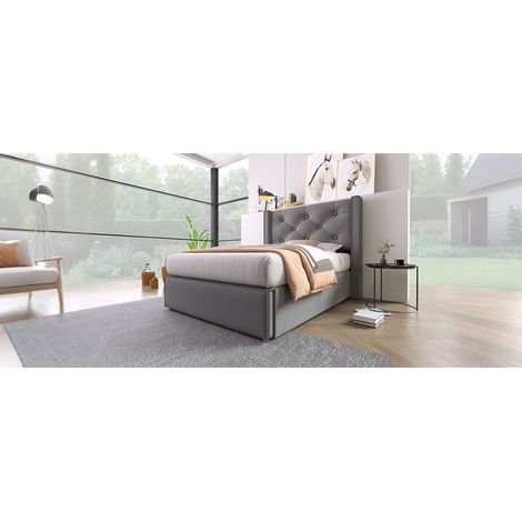 Lit coffre rembourré 90x200 avec sommier lattes gris tissu (1/5)