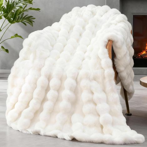 Couverture - Couverture d'appoint - Couverture à bulles pour canapé - 100 x 160 cm - Peluche - Douce et épaisse - Couverture d'appoint/de genoux - Convient pour les canapés et les chambres - Blanche (1/4)