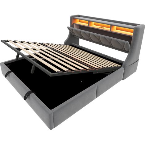 Letto contenitore imbottito 180 x 200 cm in velluto grigio con testiera regolabile, LED e USB-C (1/5)