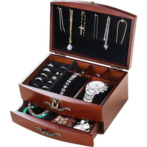 Boîte à bijoux en bois vintage, grande Boîte à bijoux avec 2 tiroirs, excellente idée cadeau, HWD 20 x 15 x 11 cm (couleur noyer)-Fei Yu (1/5)