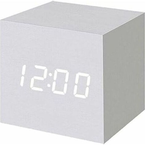 1 Stück Weißer digitaler LED-Holz-Wecker, Digitaler Würfel-Wecker mit Datums- und Temperaturanzeige, USB-Anschluss / Batterie (1/5)