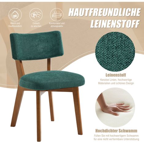 Ensemble de 2 chaises salle à manger milieu du siècle, pieds bois massif, assise rembourrée tissu lin vert – cuisine, salon, bureau (1/4)