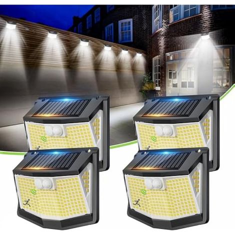 248 LED Lampe Solaire Exterieur Détecteur Mouvement Solaire Lumiere Exterieur IP65 Etanche éclairage 270° Sécurité sans Fil lampe Mural Applique Garage Lot de 4 (1/5)