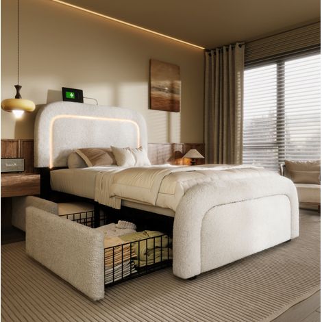 MEUBLIV Lit simple capitonné 90 x 200 cm avec éclairage LED USB et USB C deux tiroirs tête de lit réglable structure bois couleur blanche (1/5)