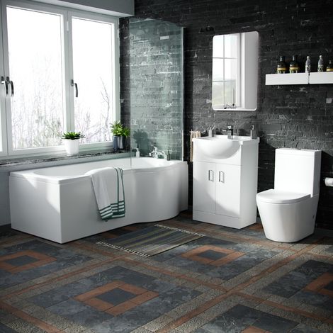 Bruin White P Shape Bath Suite WC Close Coupled Toilet Basin Sink Vanity Unit RH (1/5)