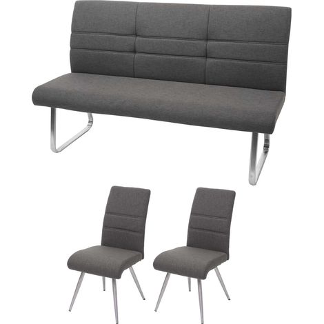 Set 2x sedie senza braccioli e panca da interni 180cm HHG-708 acciaio inox tessuto grigio
