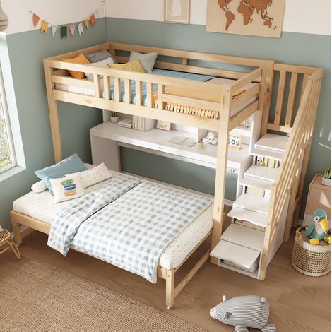 Etagenbett 254x97x165 cm Weiß und Eiche aus Holz mit Schreibtisch, Ausziehbett, Regal und Treppe (1/5)