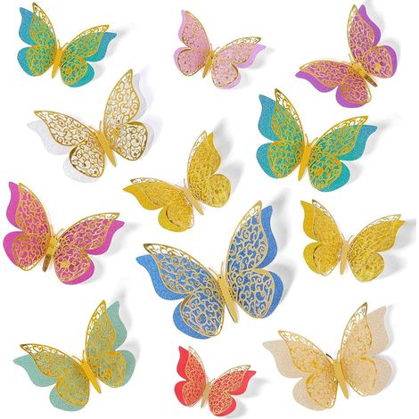 Papillon Mur - Décor 3D en Papier Métallique et Carton - Pour Fêtes Mariages Chambres Enfants - Lot de 24 (1/5)