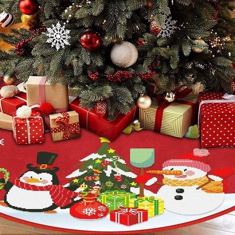 Jupe Sapin de Noël Rouge avec Peinture Diamant Bricolage Tapis de Sapin de Noël Diamant Painting Couvre-Pied de Sapin de Noël Jupe Arbre de Noël Cache Pied Sapin de Noël (D) (1/4)