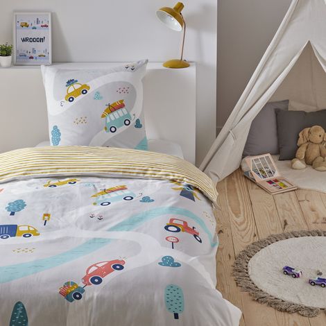 Parure de lit enfant circuit voiture 140x200 cm – Housse de couette en coton réversible – Taie d'oreiller 63x63 cm – Lavage 60°C – Future Home