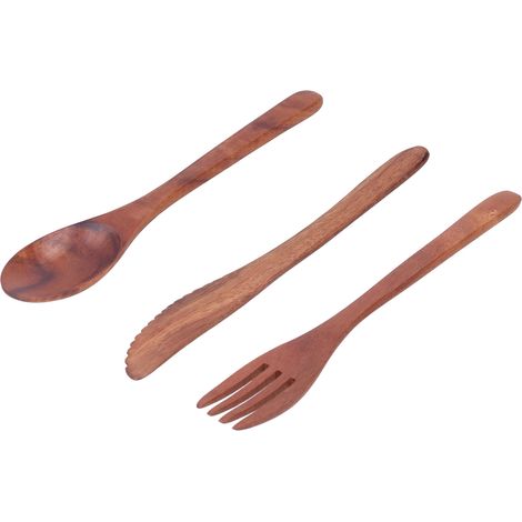 Ensemble de 3 couverts en bois portables (fourchette, couteau, cuillère) et accessoires de vaisselle de cuisine (1/5)