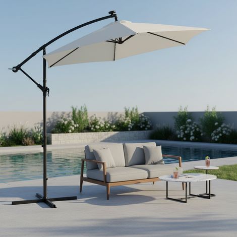 Parasol de jardin, parasol, beige, à manivelle, 300 cm, parasol déporté, LED, parasol de marché, parasol de plage, parasol de terrasse, 3 m, pliable, protection solaire pour le jardin