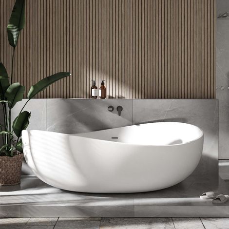 BERNSTEIN - Baignoire îlot en acrylique sanitaire WAVE en blanc mat, blanc brillant, noir brillant ou noir/blanc brillant - 180 x 110 x 62 cm - robinetterie en option Avec raccord standard 1521, Avec