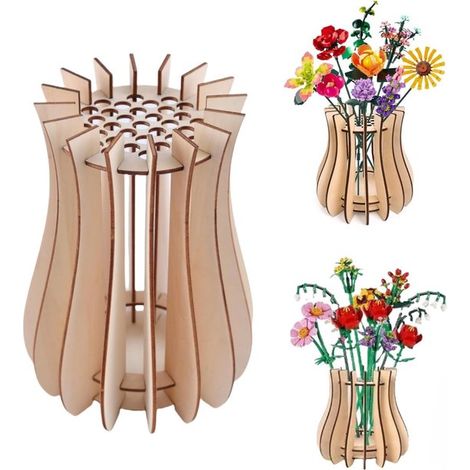 Vase en bois pour fleurs LEGO, vase puzzle minimaliste et support décoratif pour fleurs, 20 x 14,5 cm, bois naturel, idée cadeau pour amateurs de briques de construction (1/5)