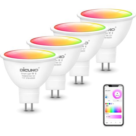 Ampoule Connectée GU5.3, 5W Équiv 40W, 2700K-6500K, 320lm, Lot de 4 12V MR16 Ampoule WiFi Intelligente compatible avec Google Home, GU5.3 LED multicouleur RGBCW, Sans Hub Requis (1/5)