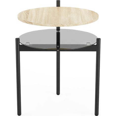 Table d'appoint ronde 41,8x39,8x53,5cm style rustique plateau chêne étagère verre teinté cadre métal noir compact (1/5)
