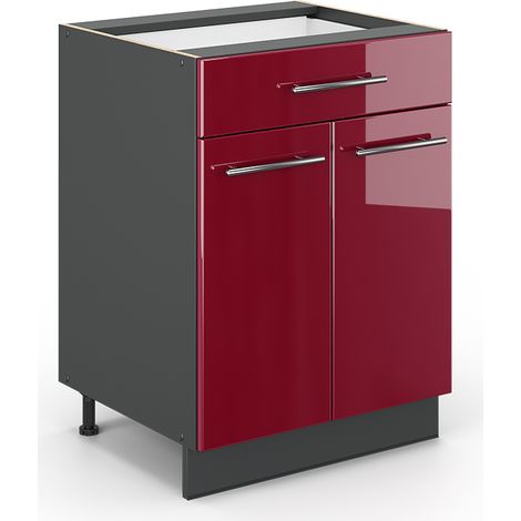 Mobiletto base per cucina Fame-Line, Rosso bordeaux lucido, 60 cm con cassetto, senza piano di lavoro, Vicco