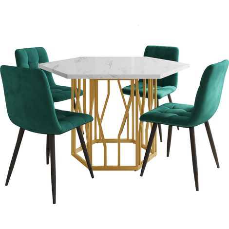Set de comedor de 5 piezas, mesa hexagonal efecto mármol blanco con 4 sillas verdes (1/5)