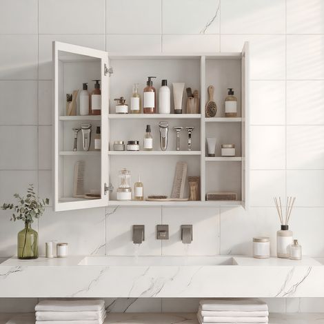 Doppeltür-Spiegelschrank mit Spiegel 70 x 60 cm, Badezimmerschrank mit LED-Beleuchtung, moderner Badspiegel mit Touch-Schalter und 3 Einstellbare Lichtfarben, Beschlagfrei, Weiß (1/5)