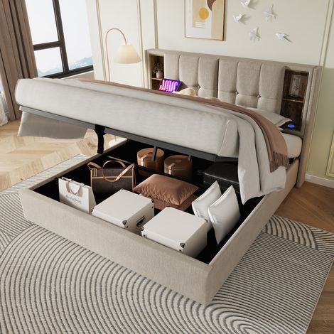 Letto con contenitore in tessuto lino naturale 160x200 cm, ricarica wireless, USB e USB-C, rete a doghe inclusa (1/5)