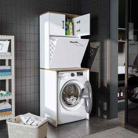 Luna Washing Machine Cabinet with Built In Laundry Basket and Storage Cupboards, Oak Effect and White (1/5)