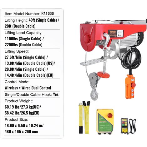 Treuil Électrique, Capacité de Charge de 1000 kg, Options de Contrôle Double, 2200lbs (1/2)