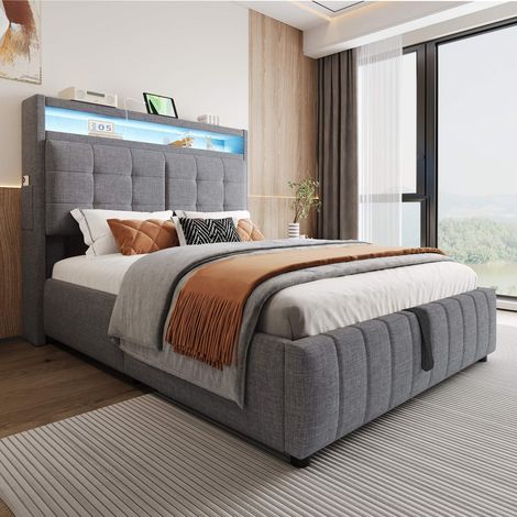 Lit coffre 140x200 cm gris en lin, LED multicolore, USB, tête de lit avec étagères, rangement hydraulique, sommier 11 lattes inclus (1/5)