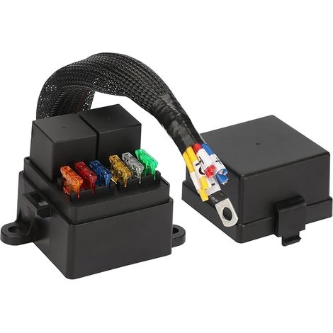 Boîte à fusibles précâblée avec 2 emplacements pour relais et 6 porte fusibles ATC/ATO,2 relais DC 12V 4 broches 80A 6 fusibles ATC/ATO,bloc fusibles universel étanche voiture,camion,bateau,RV (1/5)