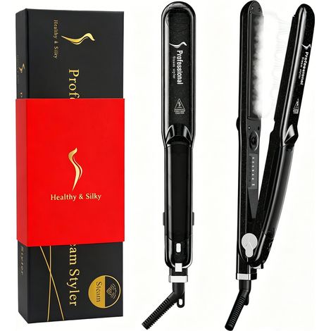 Lisseur vapeur professionnel - 2 en 1 lissage bouclage - Céramique tourmaline - Double tension LED 6 températures 150-235°C - Noir (1/5)
