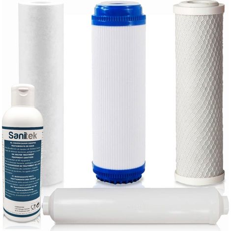 Set di 4 filtri acqua per osmosi inversa universale 5 stadi. Include un disinfettante SANITEK