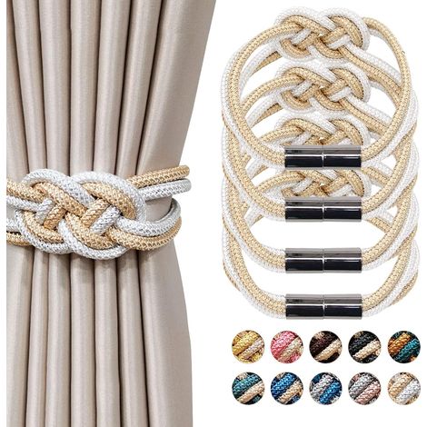 Set mit 4 magnetischen Vorhang-Raffhaltern im nordischen Stil, dekorative Raffhalter aus gewebtem Seil für Fenstervorhänge zu Hause und im Büro (Beige und Weiß) (1/5)