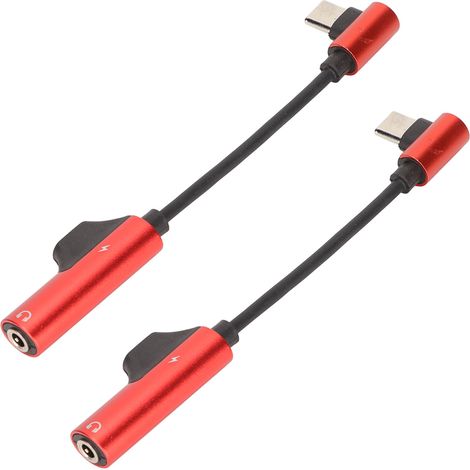 Lot de 2 câbles adaptateurs USB-C vers jack 3,5 mm pour casque audio. Adaptateur 2 en 1, flexible et fonctionnel, compatible avec téléphones et tablettes USB-C (rouge).