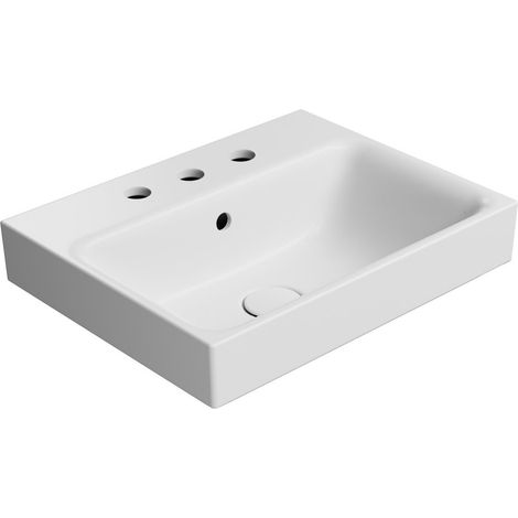 Lavabo en céramique NUBES 50x40cm, bord inférieur rainuré, 3 trous de robinetterie, blanc mat (1/3)