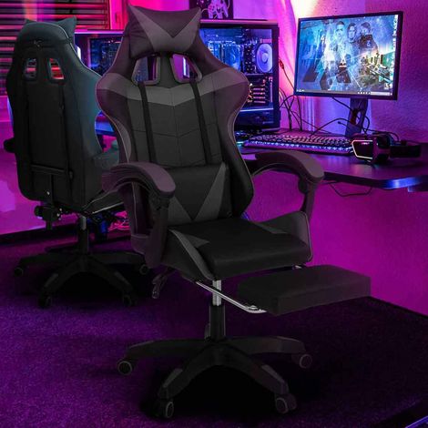 Silla de juego ALEX ajustable con reposapiés, reposacabezas y cojín lumbar en negro y gris