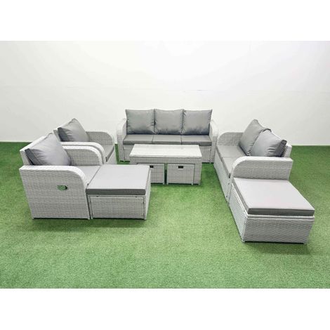 Fimous PE Wicker Rattan Furniture Sets with Oblong Coffee Table Love Sofa 3 Seater Sofa Reclining Chair 4 Stools Light Grey Mixed (1/4)