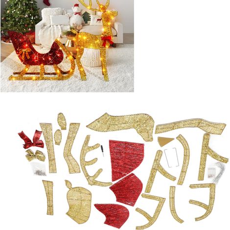Adornos navideños iluminados: ciervo y trineo con luces decoración para interiores y exteriores, jardín, porche adornos brillantes de metal dorado (con guirnalda de luces). (1/5)