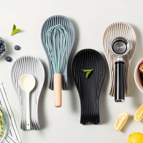 1 porte-cuillères en silicone pour cuisine, support d'ustensiles de cuisine en silicone en forme de cuillère, étagère pour outils de cuisson, gris clair (1/4)